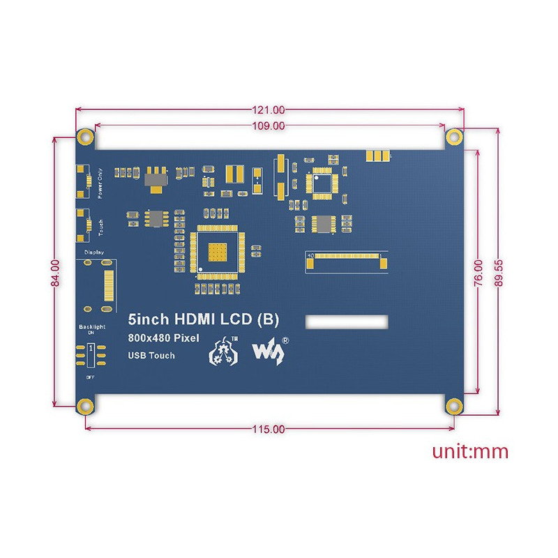 Resistiver Touchscreen LCD TFT 5 '' 800x480px HDMI + USB Rev. 2.1 für RaspberryPi 3/2/B+