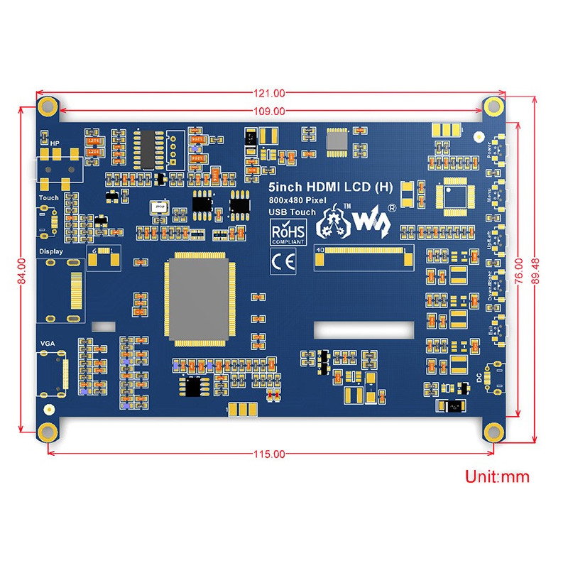 5 '' TFT LCD kapazitiver Touchscreen (H) 800x480px HDMI + USB Rev. 2.1 für Raspberry Pi 3B+ / 3B / 2B / Zero