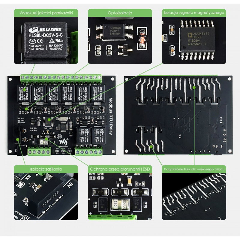 8-Kanal Relaismodul mit Optoisolation - 10A / 250VAC Kontakte - 5V Spule - Modbus RS485