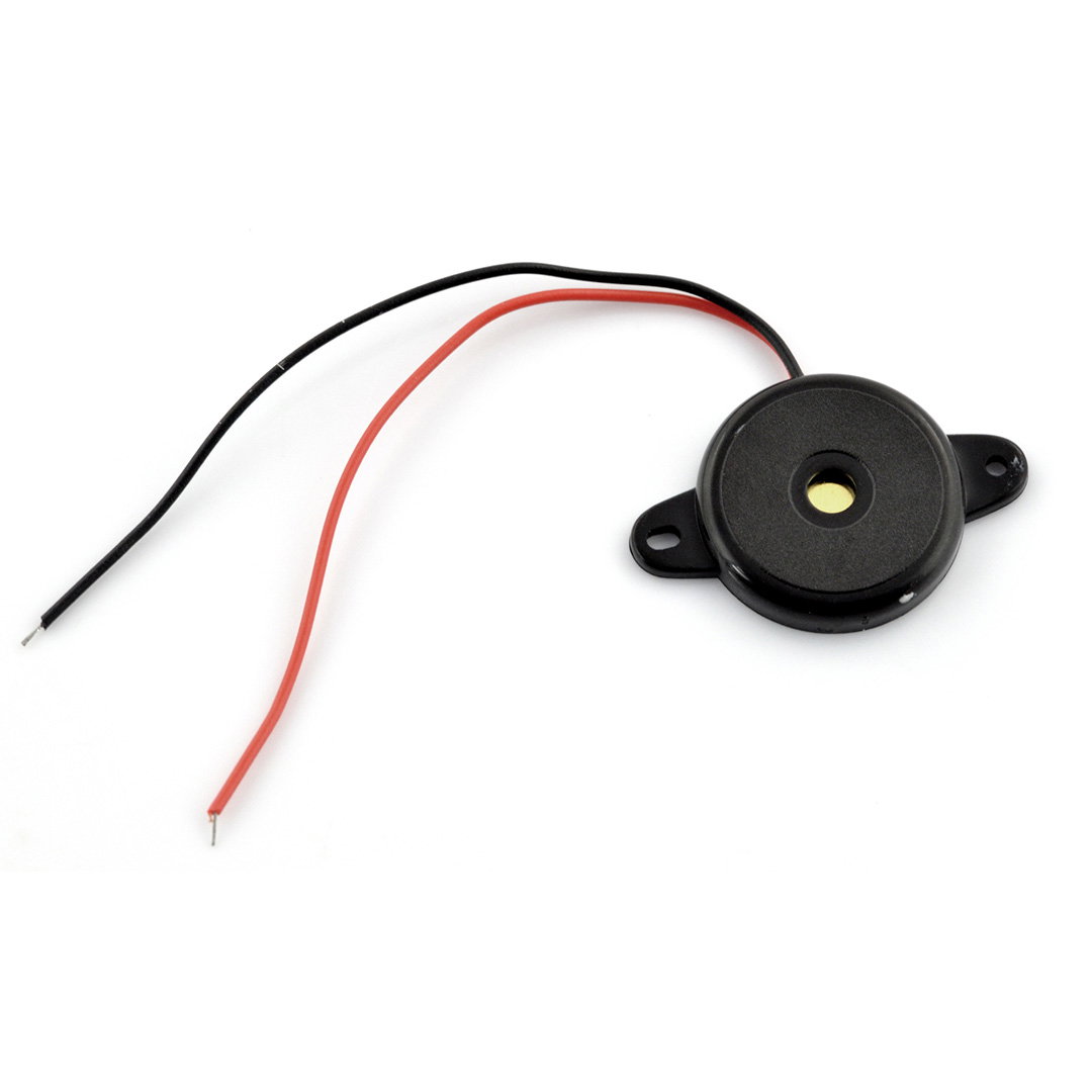 Summer ohne Generator 23mm - piezoelektrischer Wandler im Gehäuse mit Kabeln und Befestigungsklammern