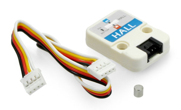 Das Set beinhaltet ein Hallsensormodul, ein Anschlusskabel mit Grove-Stecker und einen Magneten. Zestaw zawiera moduł czujnika Halla, przewód połączeniowy ze złączem Grove oraz magnes.