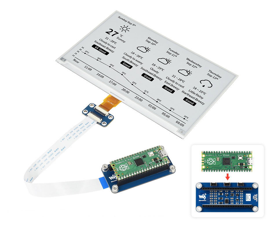 E-Paper E-Ink 7,5'' B-Modul 800 × 480 px SPI - Display mit Overlay für Raspberry Pi Pico - schwarz-weiß-rot - Waveshare 20129