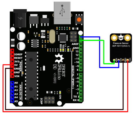 Ein beispielhaftes Diagramm der Drucksensorverbindung mit dem DFRdiuno Uno R3.