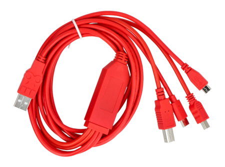 Multifunktionales 4-in-1-Kabel mit USB A - USB B, miniUSB, microUSB, USB Typ C Stecker - 180 cm - rot - SparkFun CAB-21272