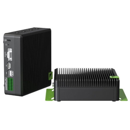 Czarne dwa urządzenia reComputer Industrial J4012 Nvidia leżą na białym tle, po lewej stronie jeden stoi pionowo, a po prawej stronie leży poziomo.