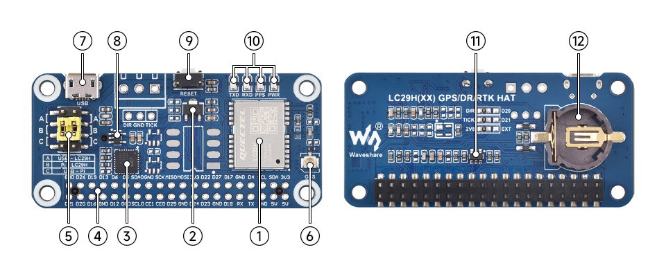 Dwuzakresowy moduł GPS L1+L5 z układem GNSS LC29H(AA) - nakładka dla Raspberry Pi - Waveshare 25278 - Rozkład elementów na płytce