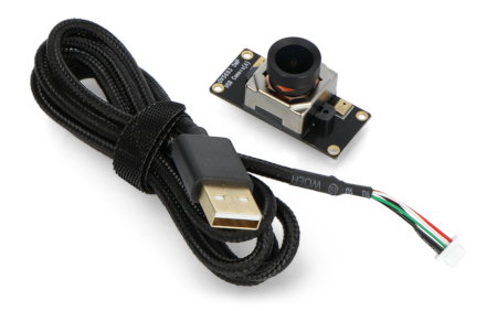 Moduł kamery usb ov5693 leży na białym tle wraz z przewodem zawartym w zestawie.
