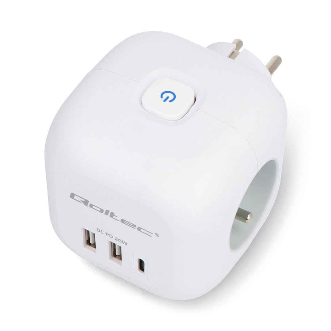 6-in-1-Netzteilwürfel – 2x USB Typ A und 1x USB Typ C – mit beleuchtetem Schalter – Qoltec 52548